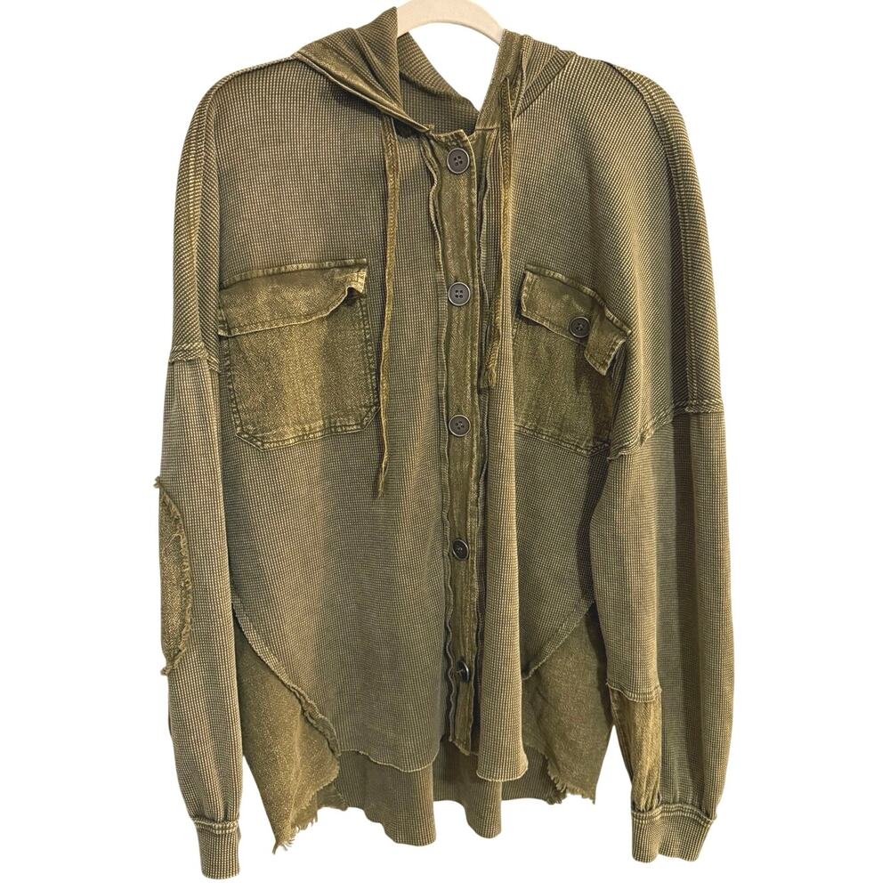 NWOT Easel Sz L Green Mineral Wash Hooded Shacket Waffle Knit mixed Media Grunge